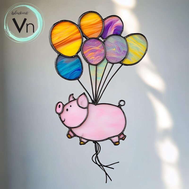 Digital Download  Stained glass window with sun-catching Pigs Fly..., Modern Suncatcher, Diy Stained Glass