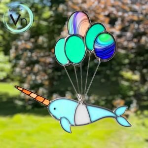 Digital Download  Stained glass window with sun-catching Narwhals Fly..., Modern Suncatcher, Diy Stained Glass