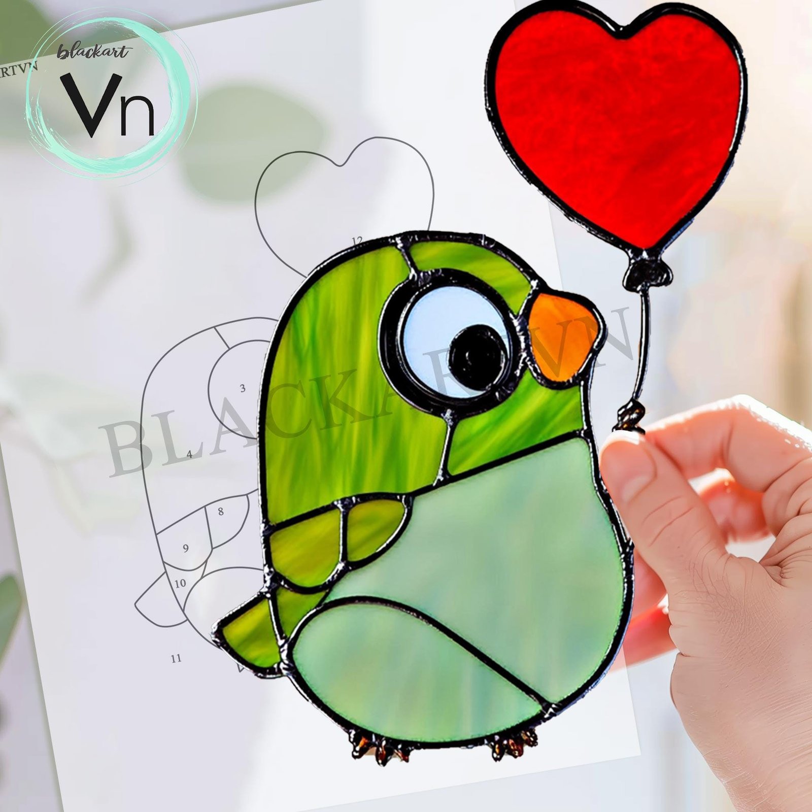 Digital Download Chick stained glass with heart balloon Cute baby T01, Stained Glass, Stained Glass Birds, Unique Gifts, Modern Suncatcher - Image 3