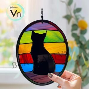 Digital Download Stained Glass Rainbow bridge for cat,  black cat sitting on crescent moon stained glass  Glass panel Wall hanging window
