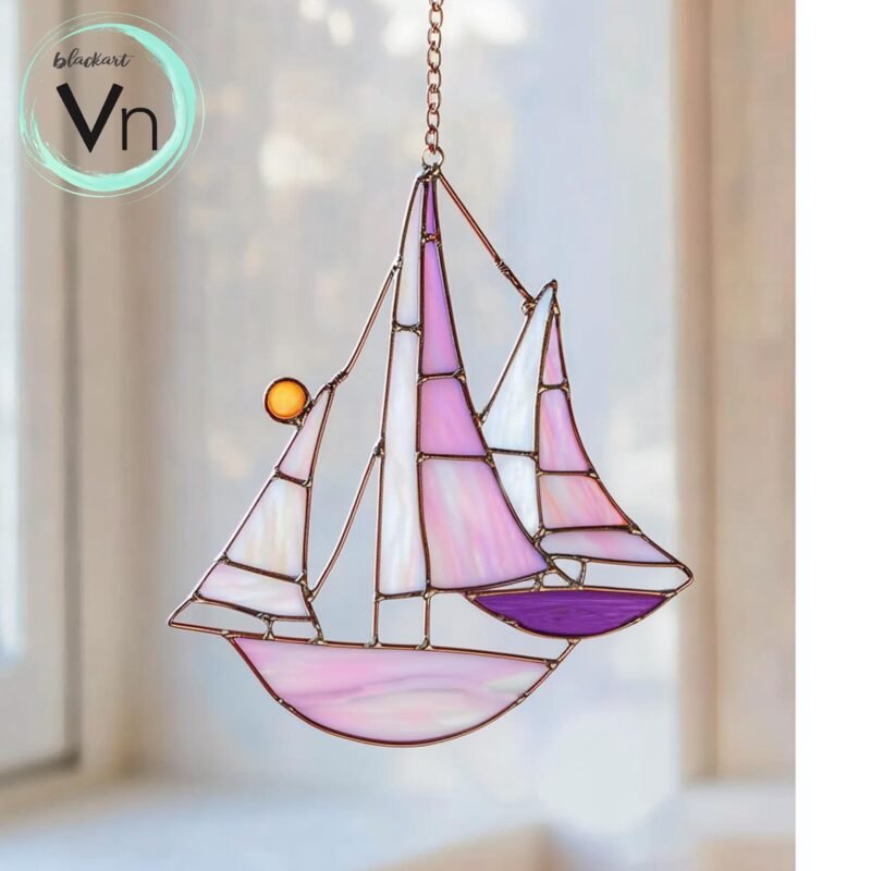 Digital Download Pink Glass Suncatcher Boat Ship Home Decor Window Wall Hanging, Gift for Mom, Modern Suncatcher, Diy Stained Glass