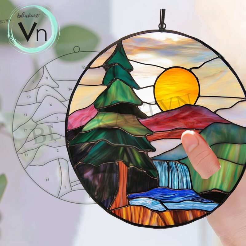 Digital Download stained glass mountain waterfall, Modern Suncatcher, Diy Stained Glass,Window Hanging Decor - Image 3