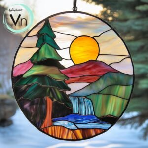 Digital Download stained glass mountain waterfall, Modern Suncatcher, Diy Stained Glass,Window Hanging Decor