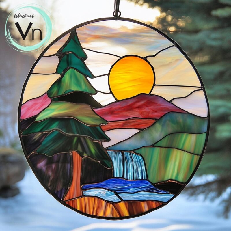 Digital Download stained glass mountain waterfall, Modern Suncatcher, Diy Stained Glass,Window Hanging Decor