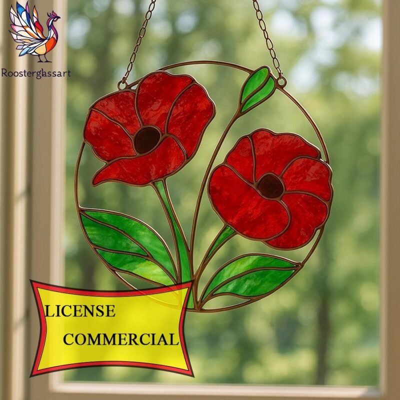 Digital Download Stained Glass Poppy Pattern, Stained Glass Pattern, Modern Suncatcher, DIY Stained Glass