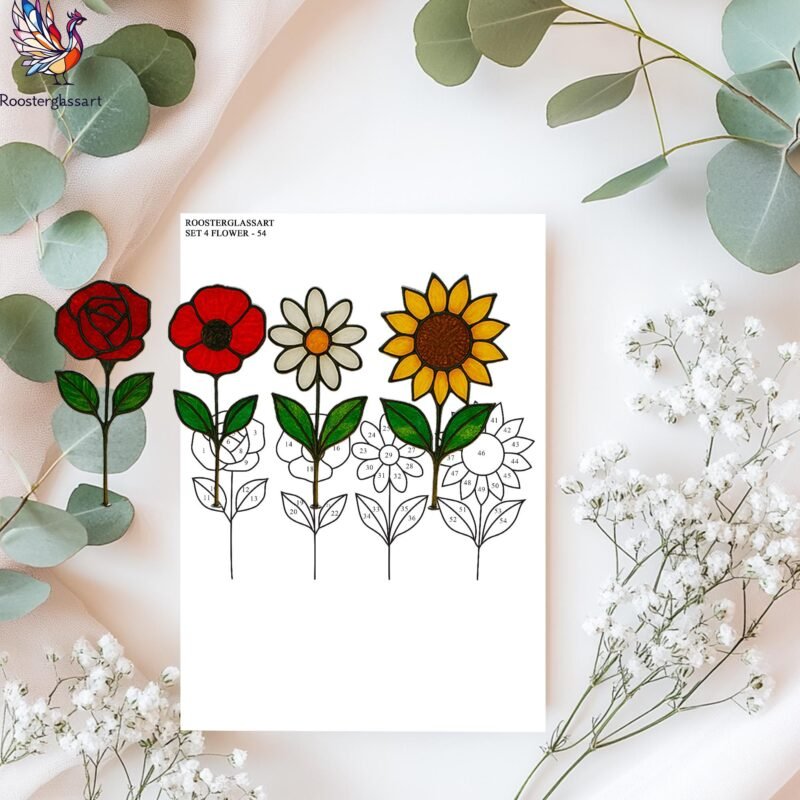 Digital Download Stained Glass Set 4 Flower Pattern, Stained Glass Pattern, Modern Suncatcher, DIY Stained Glass - Image 3