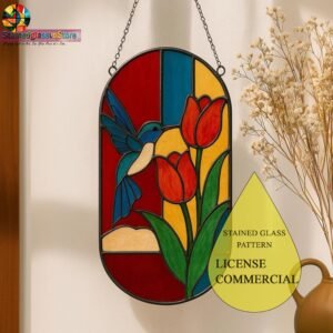 Digital file Hummingbird and Tulip stained glass Leaves Stained Glass Pattern, Calla daisy Flowers Modern Suncatcher, Diy Stained Glass