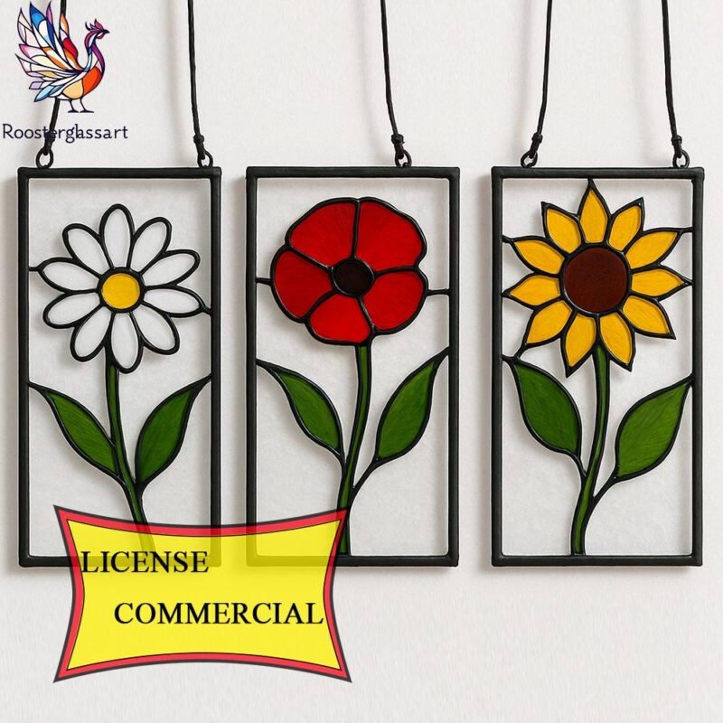 Digital Download Stained Glass Set 3 Flower Pattern, Stained Glass Pattern, Modern Suncatcher, DIY Stained Glass