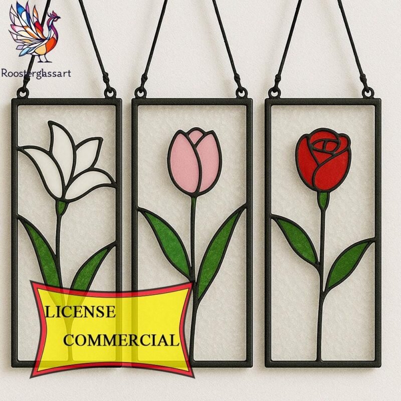 Digital Download Stained Glass Set 3 Flower Pattern, Stained Glass Pattern, Modern Suncatcher, DIY Stained Glass