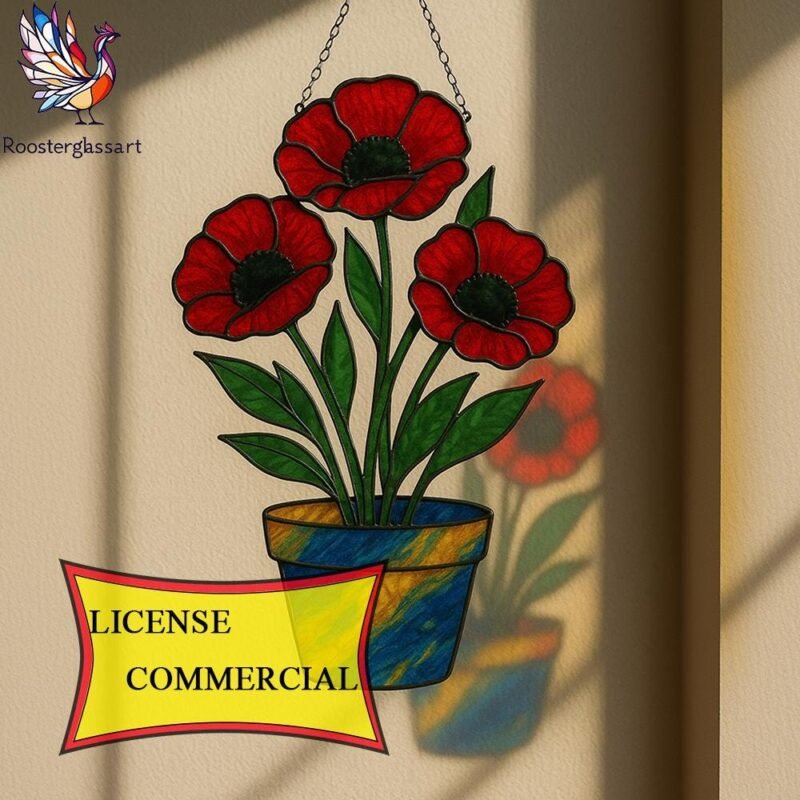 Digital Download Stained Glass Poppy Pot Pattern, Stained Glass Pattern, Modern Suncatcher, DIY Stained Glass