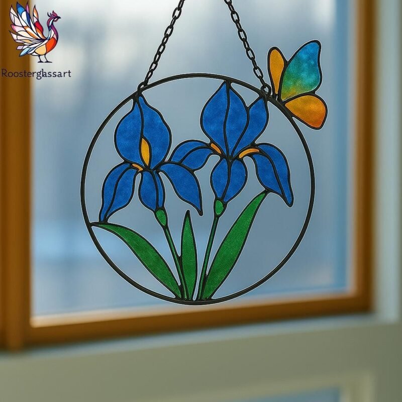 Digital Download Stained Glass Blue Iris and butterfly Pattern, Stained Glass Pattern, Modern Suncatcher, DIY Stained Glass - Image 2