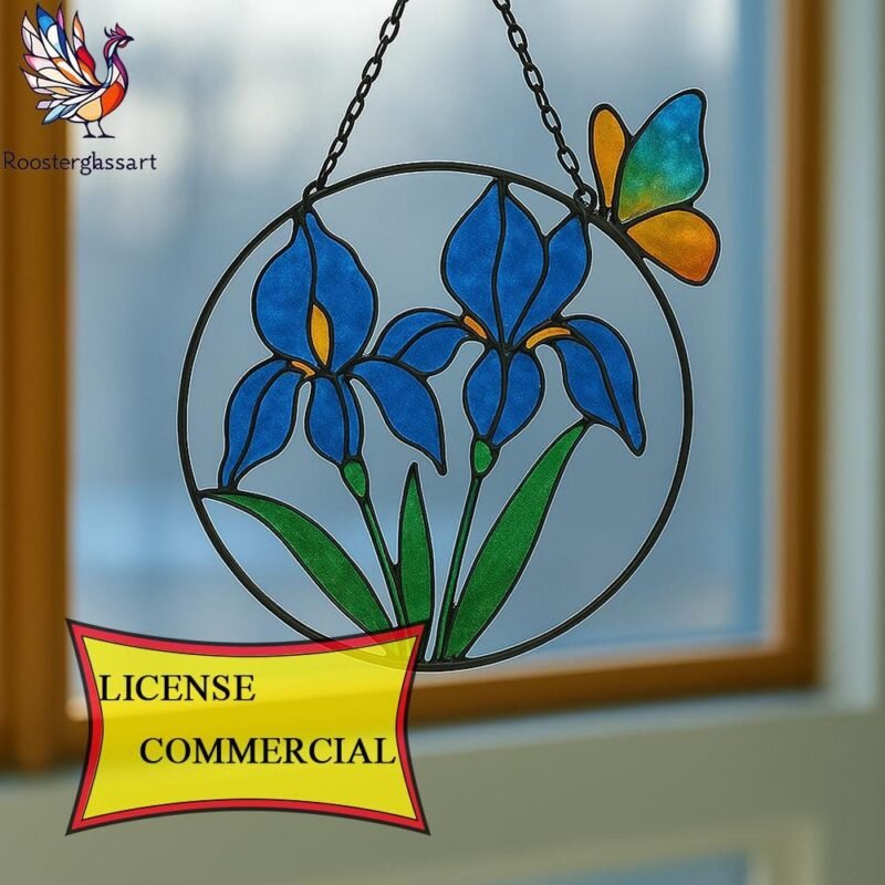 Digital Download Stained Glass Blue Iris and butterfly Pattern, Stained Glass Pattern, Modern Suncatcher, DIY Stained Glass