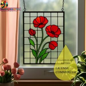 Digital file Poppy stained glass Leaves Stained Glass Pattern, Calla daisy Flowers Modern Suncatcher, Diy Stained Glass