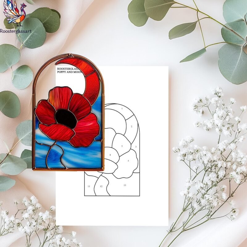 Digital Download Stained Glass Poppy and Moon Pattern, Stained Glass Pattern, Modern Suncatcher, DIY Stained Glass - Image 2