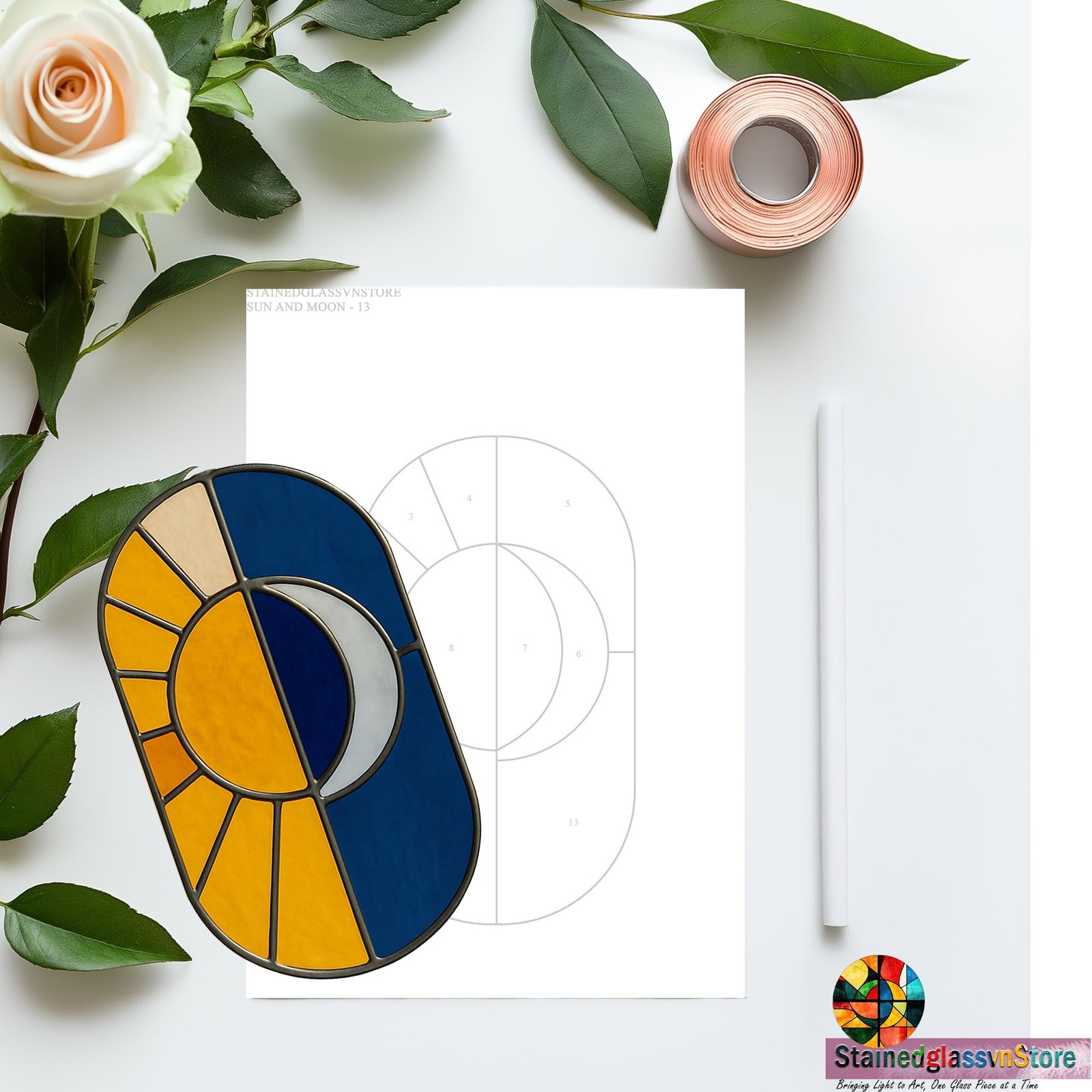 Digital file Sun and Moon stained glass Leaves Stained Glass Pattern, Calla daisy Flowers Modern Suncatcher, Diy Stained Glass - Image 2