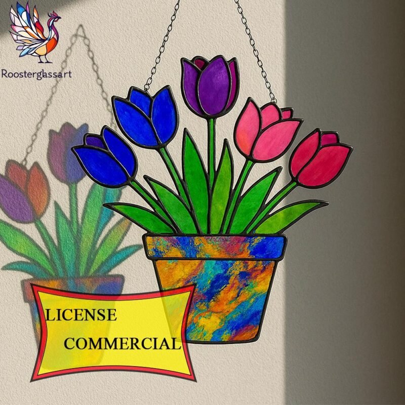 Digital Download Stained Glass Tulip Pot Pattern, Stained Glass Pattern, Modern Suncatcher, DIY Stained Glass
