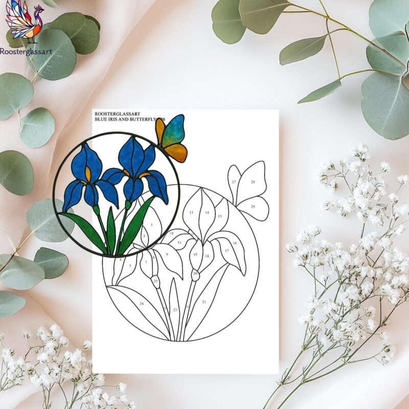 Digital Download Stained Glass Blue Iris and butterfly Pattern, Stained Glass Pattern, Modern Suncatcher, DIY Stained Glass - Image 3