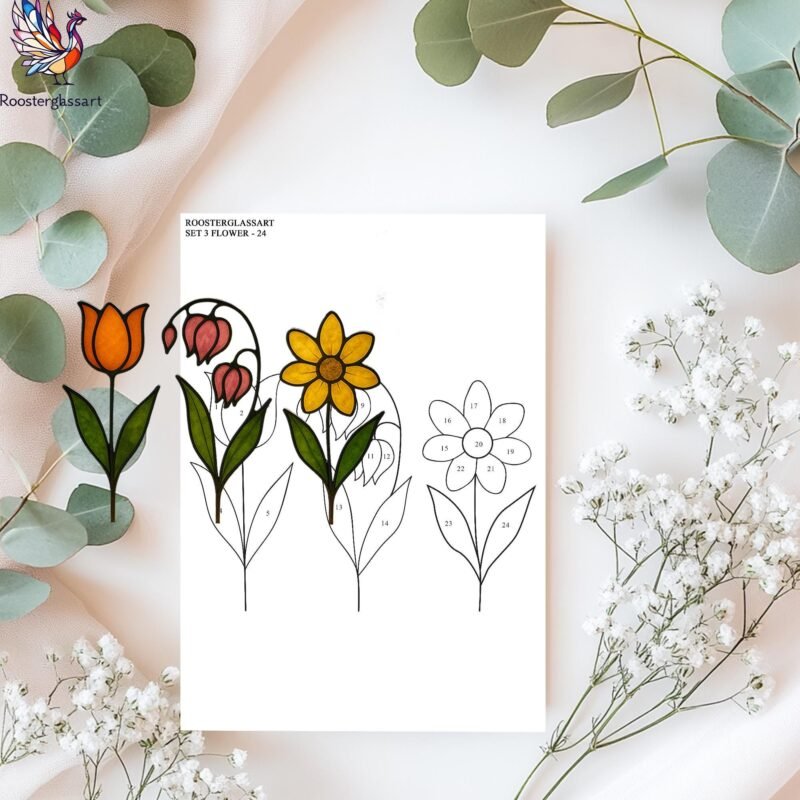 Digital Download Stained Glass Set 3 Flower Pattern, Stained Glass Pattern, Modern Suncatcher, DIY Stained Glass - Image 3