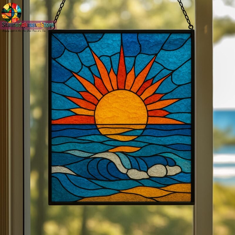 Digital file Sun and Sea stained glass Leaves Stained Glass Pattern, Calla daisy Flowers Modern Suncatcher, Diy Stained Glass - Image 2